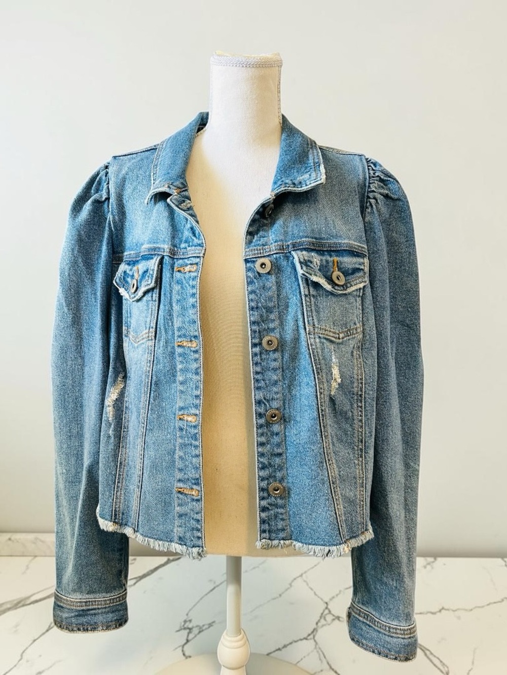 torrid Light Blue Distressed Denim Puffer Sleeve Trucker Jean Jacket